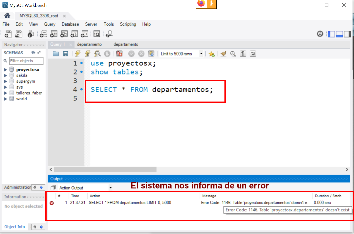 Ilustración de Workbench de una consulta SQL con errores