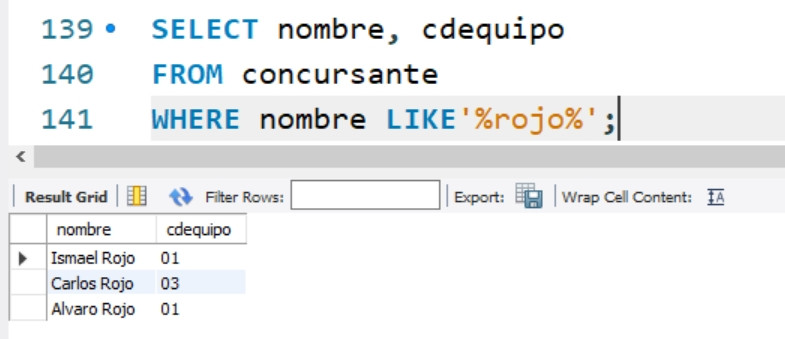 Ilustración del resultado de una consulta usando LIKE  '%ROJO%'