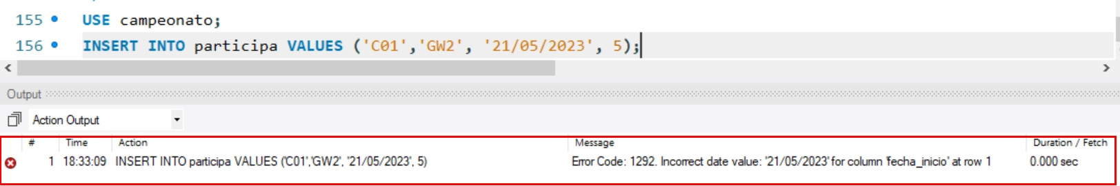 Ilustración de una captura en Workbench de un INSERT con error d e ejecución
