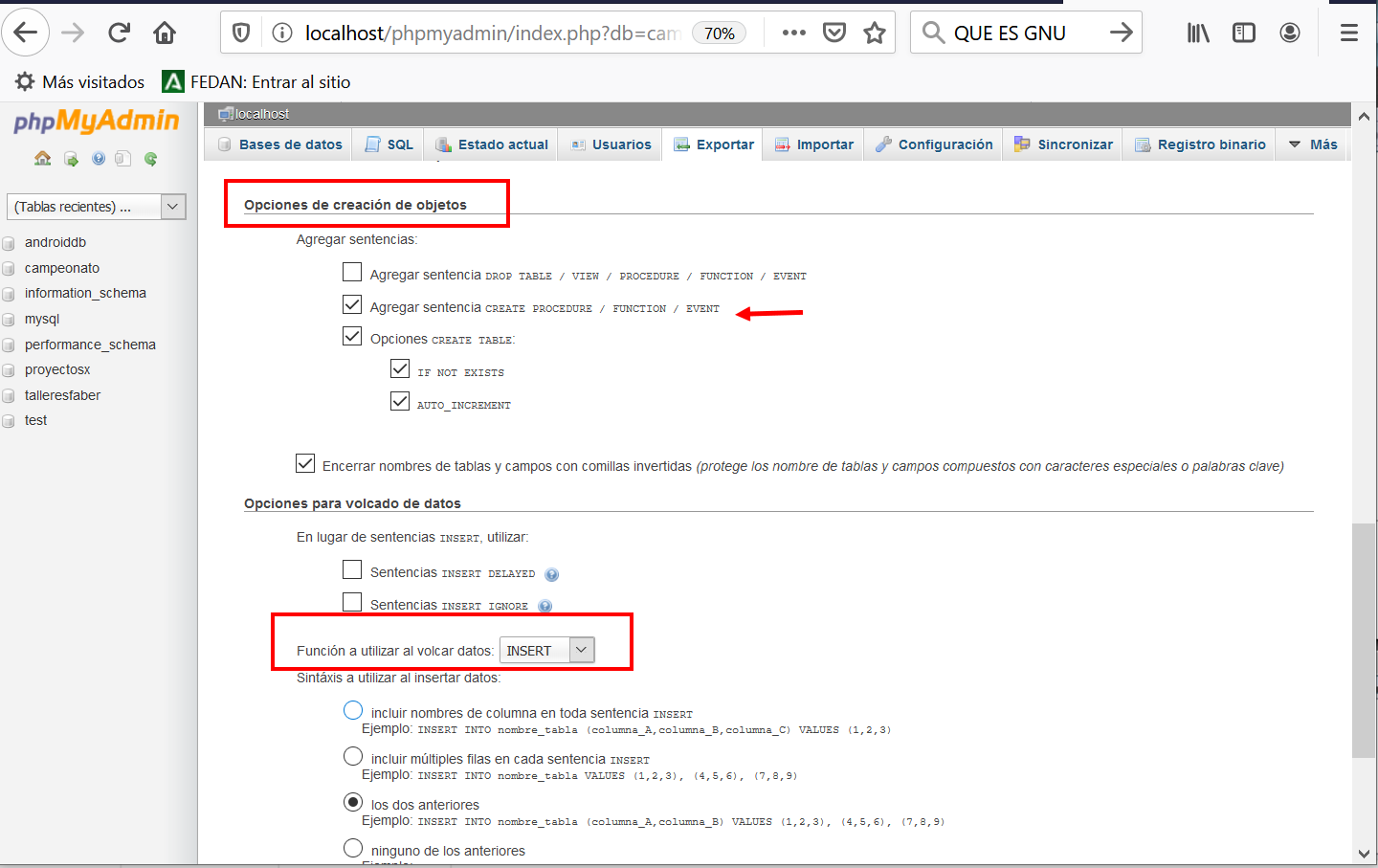 Ilustración de una copia de seguridad con PhpMyAdmin 4