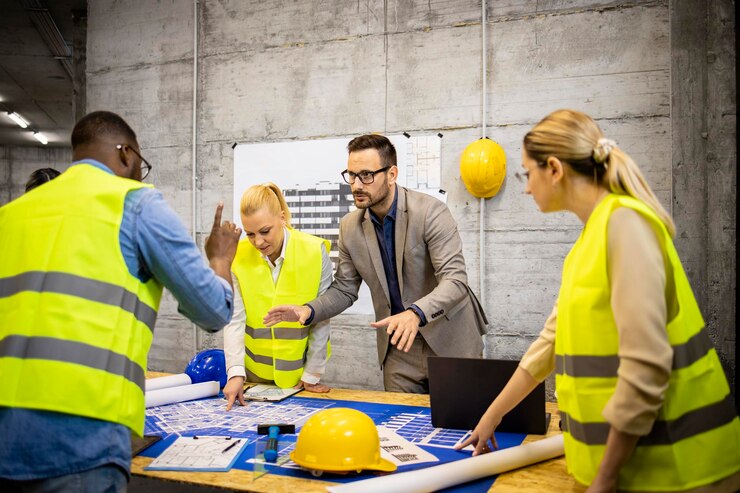Contratista y arquitectos analizando el plan de construcción y el plano juntos en el sitio de construcción.