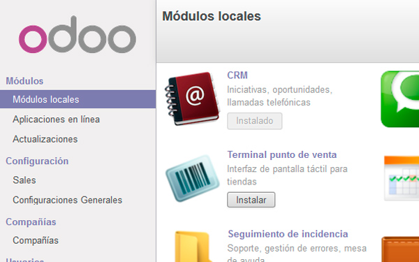 Pantalla de configuración de los módulos en Odoo