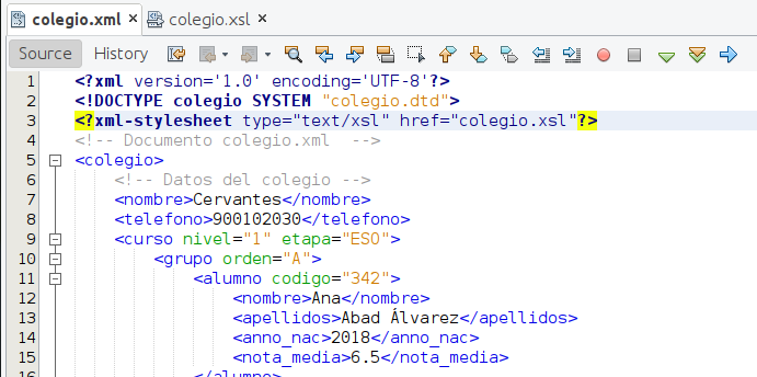 Código XML en el editor Netbeans