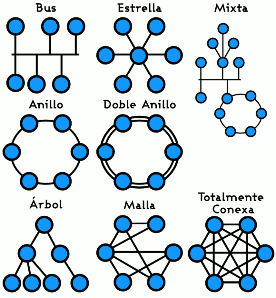 La imagen muestra las distintas topologías de redes, para ello, se utiliza círculos azules que simulan las máquinas y líneas negras que simulan las conexiones con los círculos.