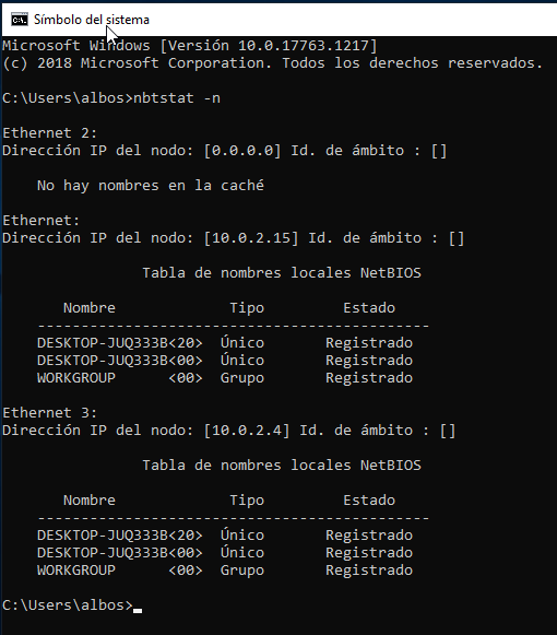 Captura de pantalla de la terminal de comandos de Windows 10 sobre una consulta de la Tabla NetBIOS.