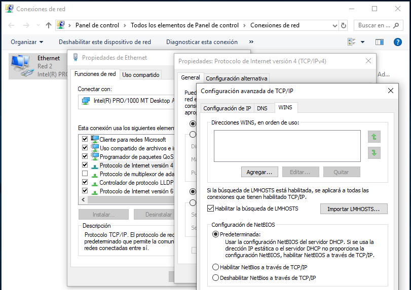 Ilustración de una captura de pantalla de la ventana de configuración de NetBIOS en Windows 10.