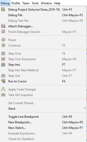Menú del depurador donde se pueden ver las diferentes opciones.
