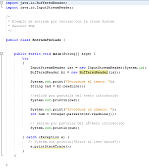 Código de la clase entradateclado que pide un texto por teclado y lo muestra por pantalla, a continuación pide u número y también lo muestra por pantalla. Para este ejemplo se utilizan las clases InputStreamReader y BuferedReader.