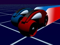 Motos azul yroja haciendo una carrera en el ciberespacio.