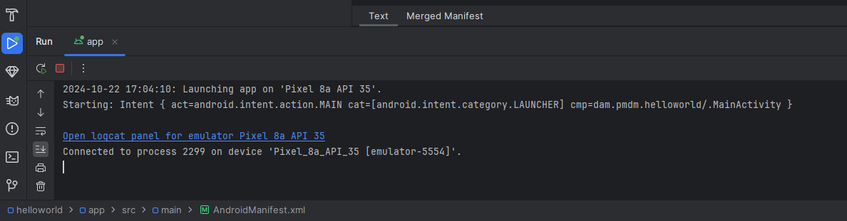 Muestra la consola de Android Studio, donde se pueden visualizar los errores de la ejecución o depuración.