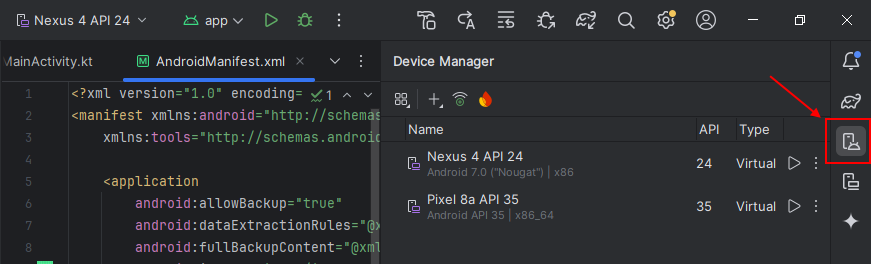 Android Studio muestra la unicación del botón para gestionar los dispositivos virtuales (AVD)