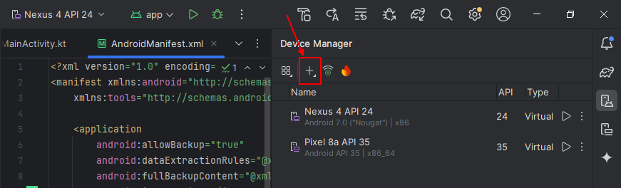 Muestra como añadir dispositivos virtuales en Android Studio