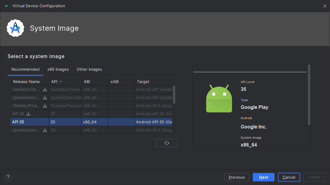Muestra como seleccionar la version de Android del dispositivo virtual.