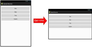 Ejemplo de recurso-land. Se muestran dos capturas de pantalla del móvil, la primera en vertical y la segunda en horizontal, con el mismo conjunto de botones, y entre ambas una flecha que da a entender que pulsando Control+F11 se pasa de la primera a la segunda.