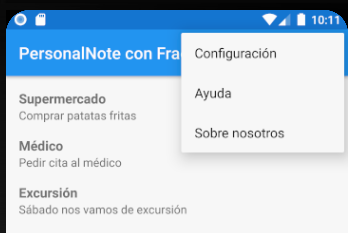 Móvil mostrando el menú desbordamiento desplegado, con las opciones Configuración, Ayuda, y Sobre nosotros.