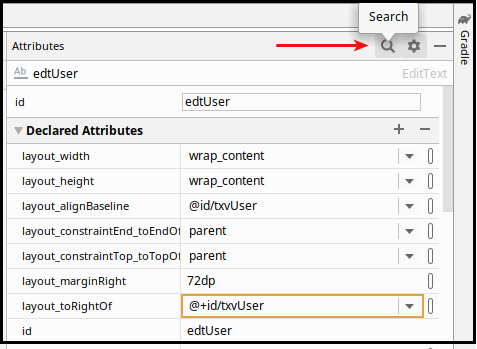 Se muestra el panel Attributes y el icono Search para buscar un atributo del componente