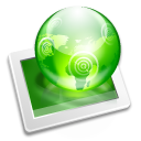 Icono de una bola del mundo verde sobre una tablet.