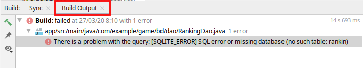 Muestra un error de la librería Room en la pestaña Build Output del panel Build