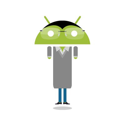 Ilustración que modifica el logo de Android con pelo, gafas, camisa, jersey, pantalones y zapatos, dándole aspecto de persona
