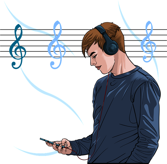 Ilustración de un joven escuchando música con unos auriculares conectados a un móvil que lleva en la mano, mirándolo, mientras notas de música flotan en el aire.
