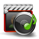 Icono multimedia en el que aparecen una claqueta, un rollo de cinta y una nota musical.