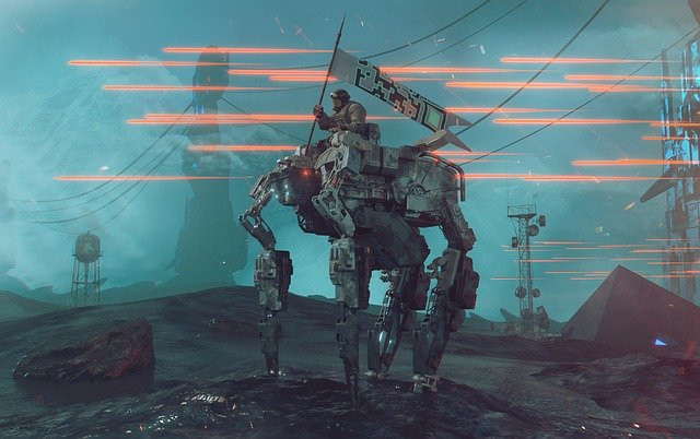 Escena de un videojuego de acción que muestra una escena futurista de guerra.