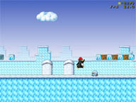 Captura de pantalla del juego SuperTux en la que se ve un pingüino saltando por el escenario.