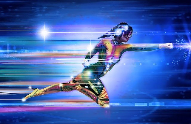 Ilustración de una chica con aspecto de futurista, moviéndose a gran velocidad.