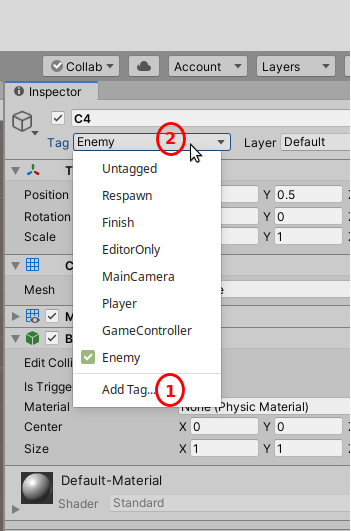 Se muestra cómo aplicar una etiqueta en la vista Inspector seleccionando el desplegable Tag y después la opción Add Tag... Una vez que se ha creado aparecerá como un elemento de la lista despegable Tag.