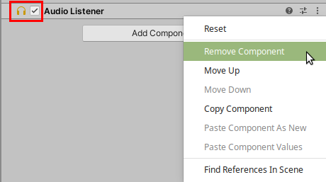 Se muestra el componente Audio Listener y las opciones del componente, entre ellas Remove Component.