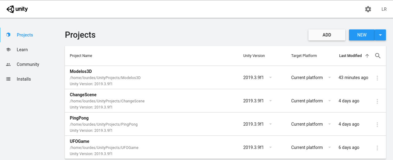 Se muestra la opción proyectos de Unity Hub  donde aparece el listado de todos los proyectos de nuestro directorio de trabajo