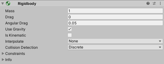 Propiedades del componente Rigidbody: Mass, Drag, Angular Drag, Use Gravity, Is Kinematic, Interpolate, Collision Detection, Constraints e Info