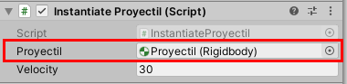 Se muestra la vista Inspector y cómo se inicializa la variable Proyectil de un script