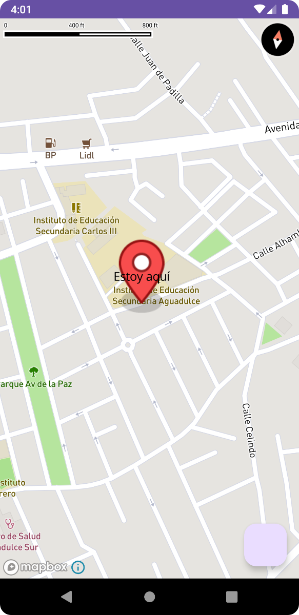 Captura del aspecto de Mapbox con un botón flotante que te lleva al punto donde esté el dispositivo