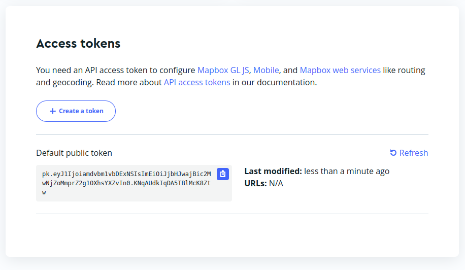 Captura de la sección de la web de Mapbox con el botón para crear un nuevo token