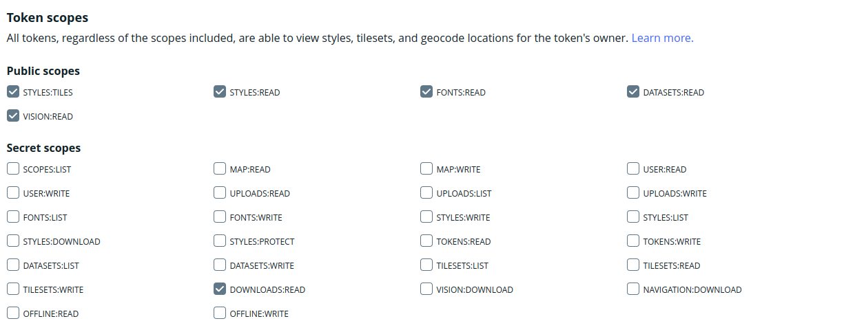 Captura de las opciones configurables recomendades para el alcance del token