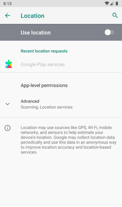 Captura de pantalla que muestra la opción para habilitar la localización