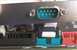 Cable con conector serie externo en un extremo e interno en el otro, que ha sido conectado a la placa base en su conector correspondiente.