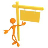 Figura junto a un cartel.