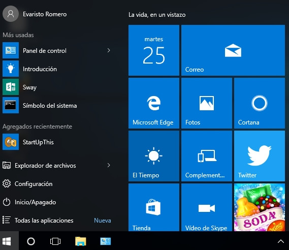 Captura de pantalla qué muestran las Live Lites del menú inicio.