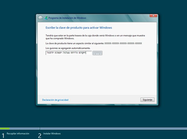 Introducimos la clave de producto de nuestro sistema