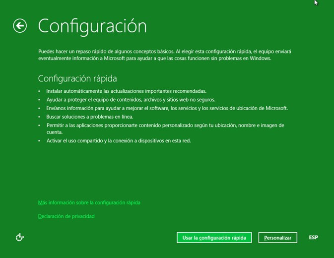 Seleccionamos la opción de configuración: rápida o personalizada