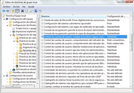 Muestra varias entradas referentes al Control de Cuentas de Usuario dentro del Editor de directivas de grupo local.