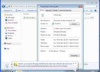 Muestra una ventana donde se solicita que se haga copia de seguridad de la clave de cifrado.