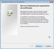 Muestra la ventana del inicio del asistente para exportación de certificados.