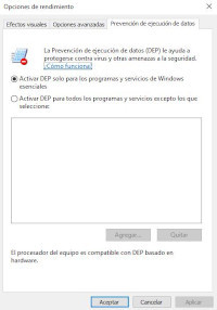 Muestra la ventana de la herramienta Windows DEP (Prevención de ejecución de datos) para proteger el equipo frente a virus y otras amenazas. En la ventana aparece marcada la opción de Activar DEP sólo para los programas y servicios de Windows esenciales.