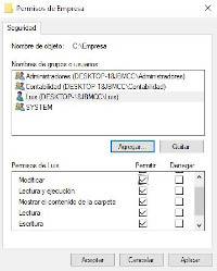 Muestra la ventana con la Lista de Control de Acceso (ACL) para el usuario Luis en la que aparecen los permisos sobre la carpeta Empresa que cuelga de la unidad C:. Luis cuenta con  permisos de lectura y escritura sobre la carpeta.