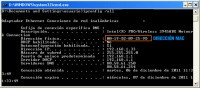 Pantalla de Ms-DOS con la ejecución del comando ipconfig para averiguar la dirección MAC de una tarjeta inalámbrica.
