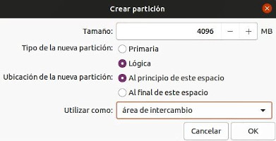 Formulario en el que se crea la partición swap
