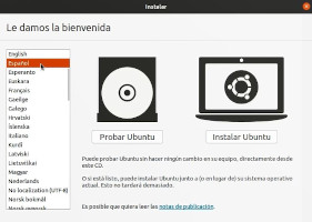 Pantalla de bienvenida donde se selecciona el idioma de la instalación